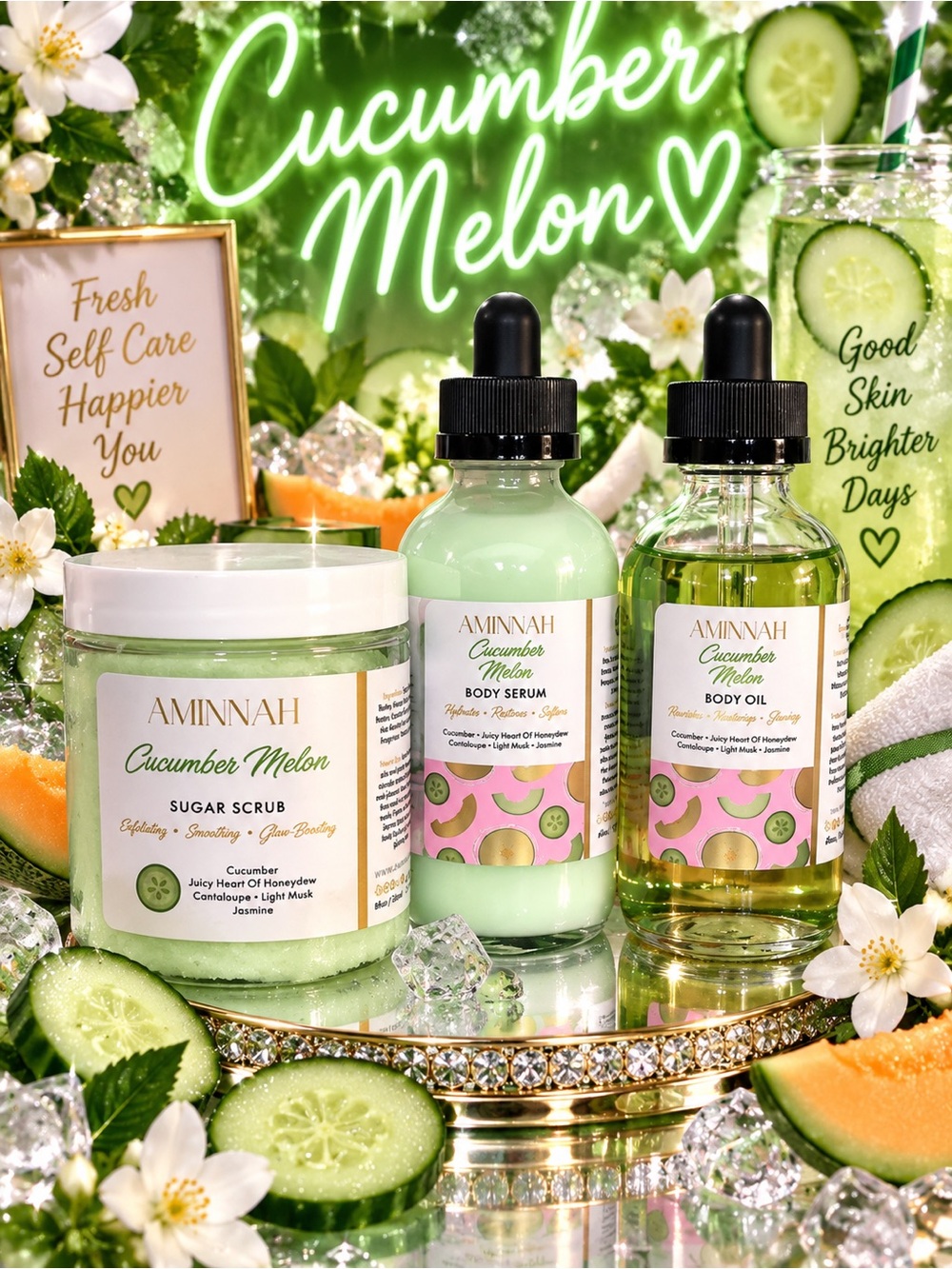 Aminnah Cucumber Melon Sugar Scrub, Body Serum & Body Oil
